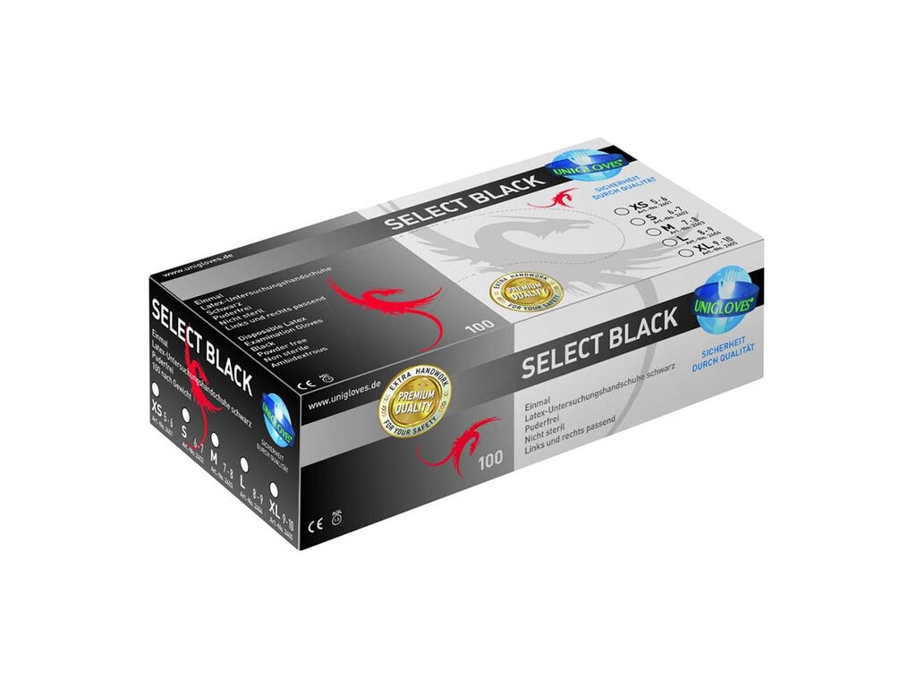 Unigloves - Select Black - Latex Handschuhe - Schwarz - 100er Box (X-Small)