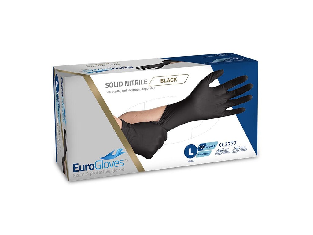Eurogloves - Solid Nitril Handschoenen - Zwart - Doos van 100 (Small)