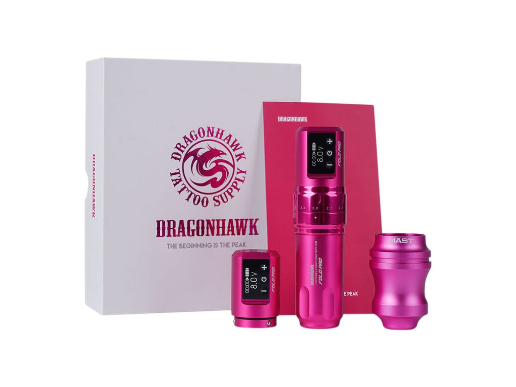 Dragonhawk - Mast Fold Pro - Kabellose Tattoo Maschine - Kombi-Paket - Rosa